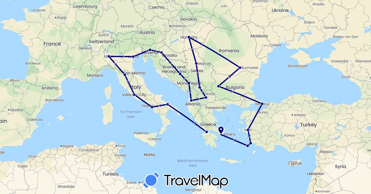 TravelMap itinerary: driving in Albania, Bosnia and Herzegovina, Bulgaria, Greece, Croatia, Hungary, Italy, Montenegro, Macedonia, Romania, Serbia, Slovenia, Turkey, Kosovo (Asia, Europe)